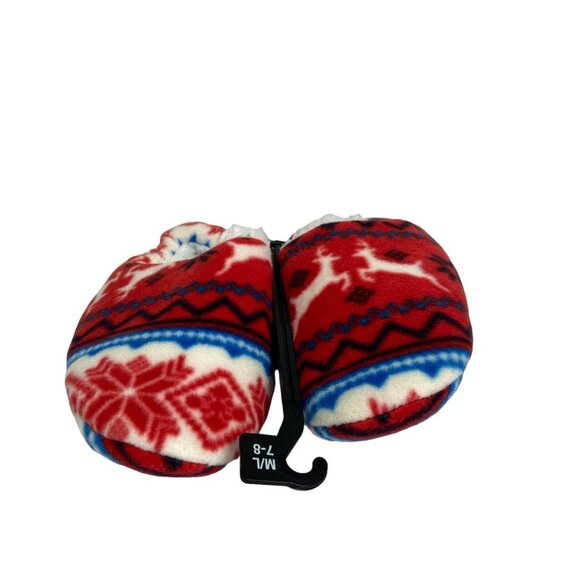 NEW Nordstrom Convertible Microfleece Slippers Red Bloom Reindeer Fair Isle Knit - Picture 6 of 7